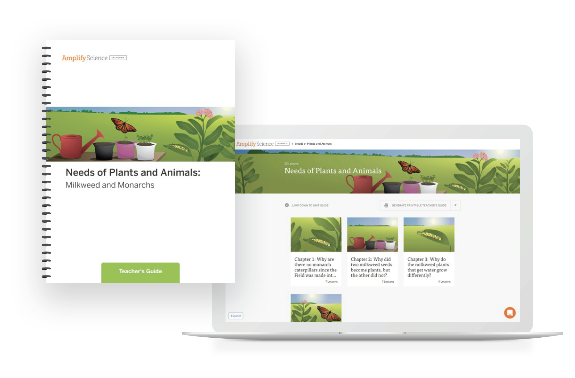 Teacher’s guide and digital screen displaying the needs of plants and animals: milkweed monarchs educational material with illustrations of insects.