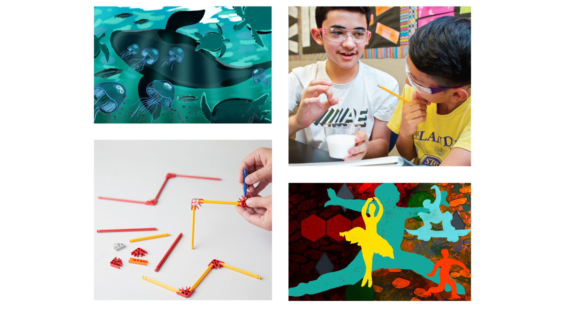 Collage of four images: underwater digital art, two students conducting a science experiment, hands constructing a structure from red straws, and an abstract painting of colorful figures.
