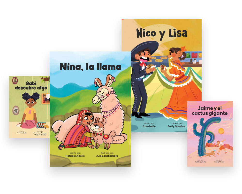 A collage of five colorful children’s book covers with titles in spanish, featuring diverse characters and themes, including animals and cultural elements.