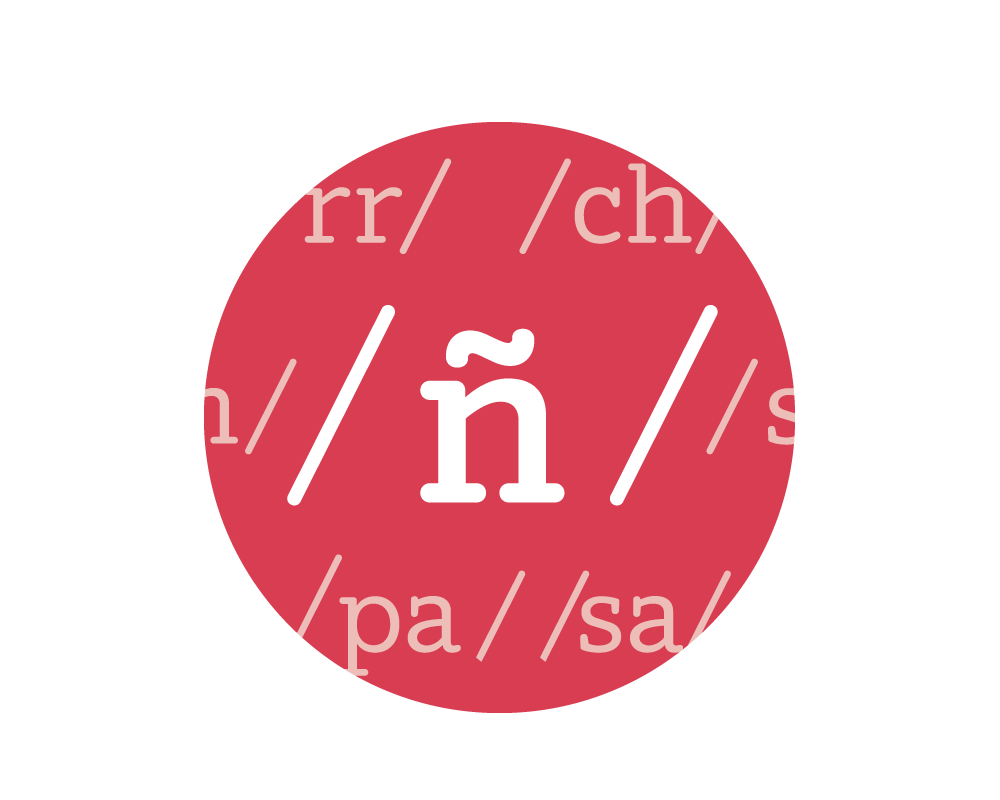 Red circular logo with a stylized white "ñ" in the center, surrounded by various white slashes and letter fragments on a black background.