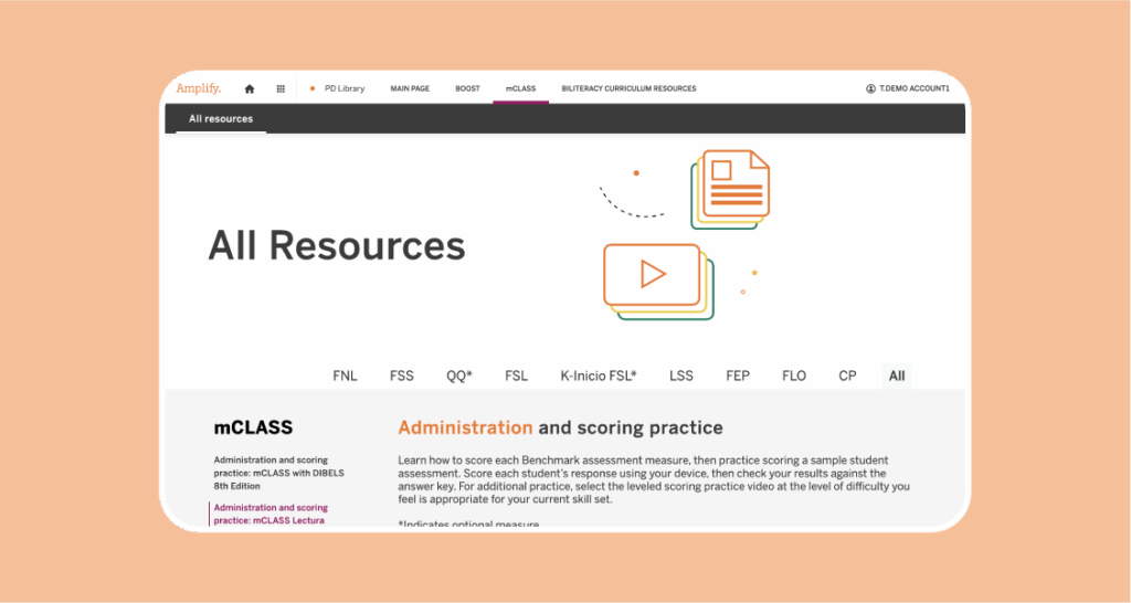 Screenshot of an educational website's "all resources" page featuring a video play button, file icons, and various assessment tools like "mclass" and "fsl.