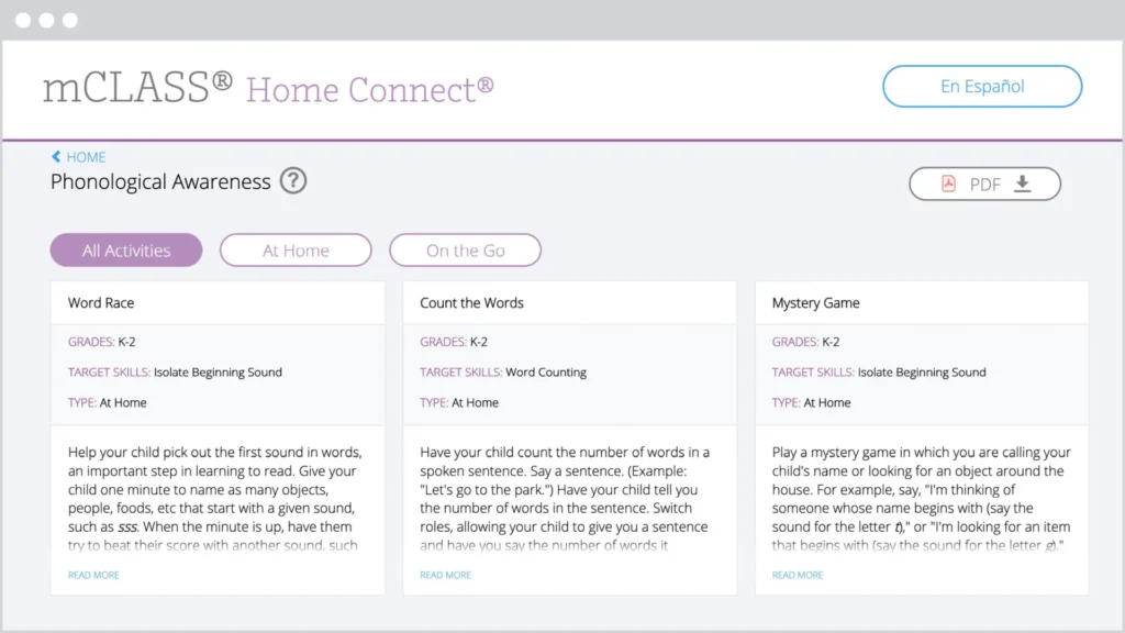 Screenshot of the mclass home connect website showing educational activities in three categories: word race, count the ways, and mystery game, with navigation options at the top.