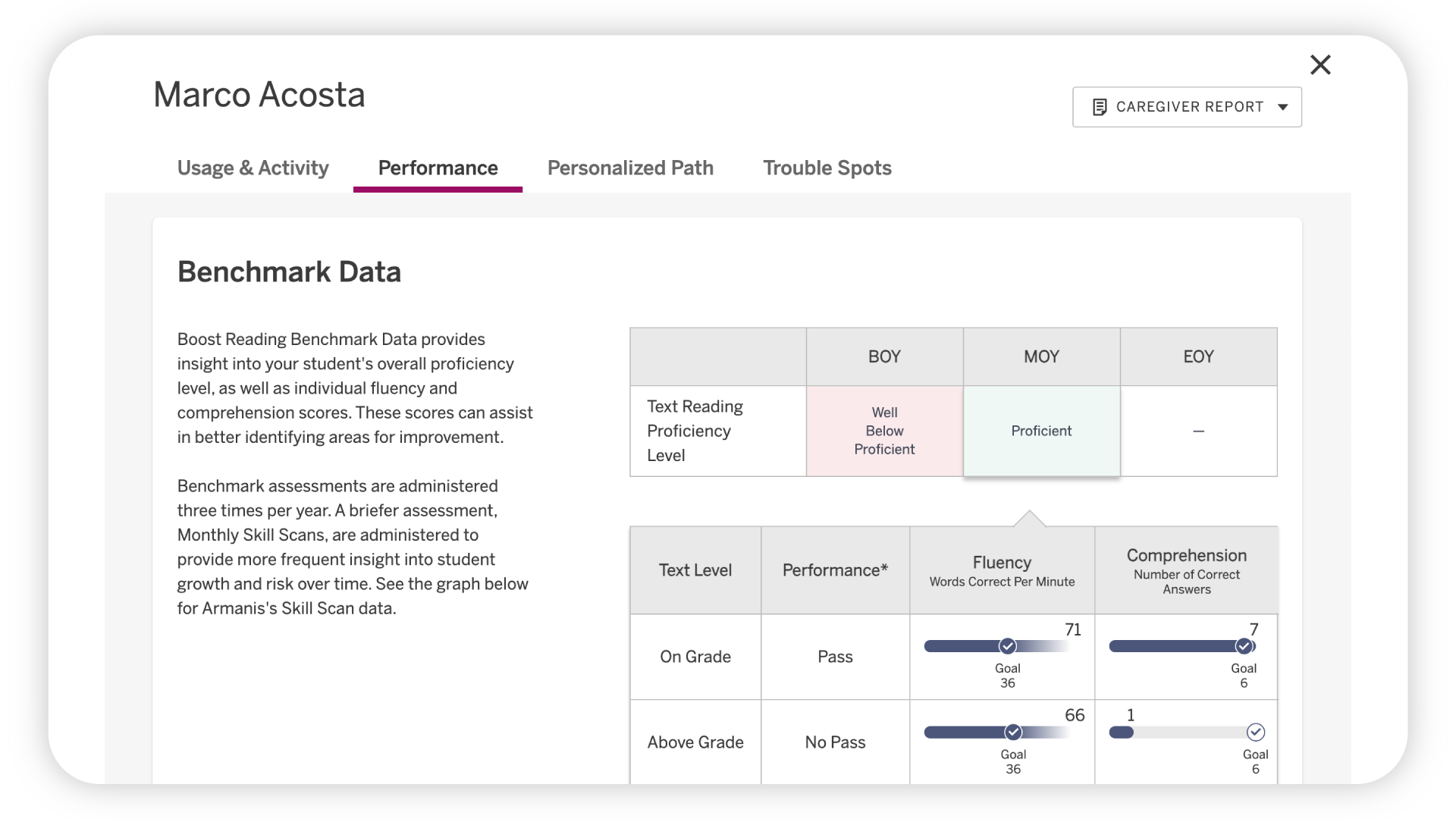 Digital dashboard displaying a student's performance in reading skills, with tabs for 'usage & activity' and 'personalized path', and charts comparing benchmark data.