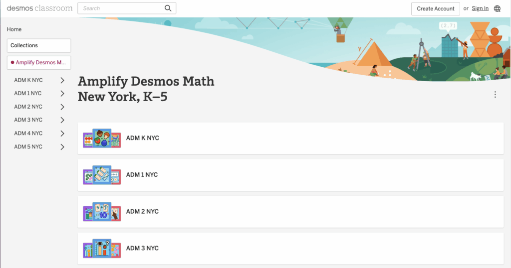 Screenshot of the Amplify Desmos Math New York, K-5 section on the Desmos Classroom website displaying a list of ADM lessons for different grade levels.