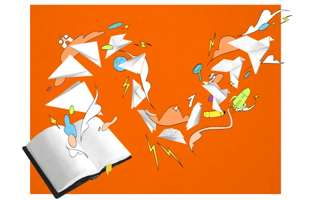 An open book on an orange background with origami planes and abstract illustrations of hands, light bulbs, and various doodles emerging from the pages.