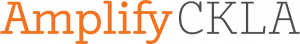Logotipo del programa de lectura Amplify CKLA, que presenta el texto "amplify ckla" en naranja con un gran signo de exclamación, en una fuente sans-serif limpia.