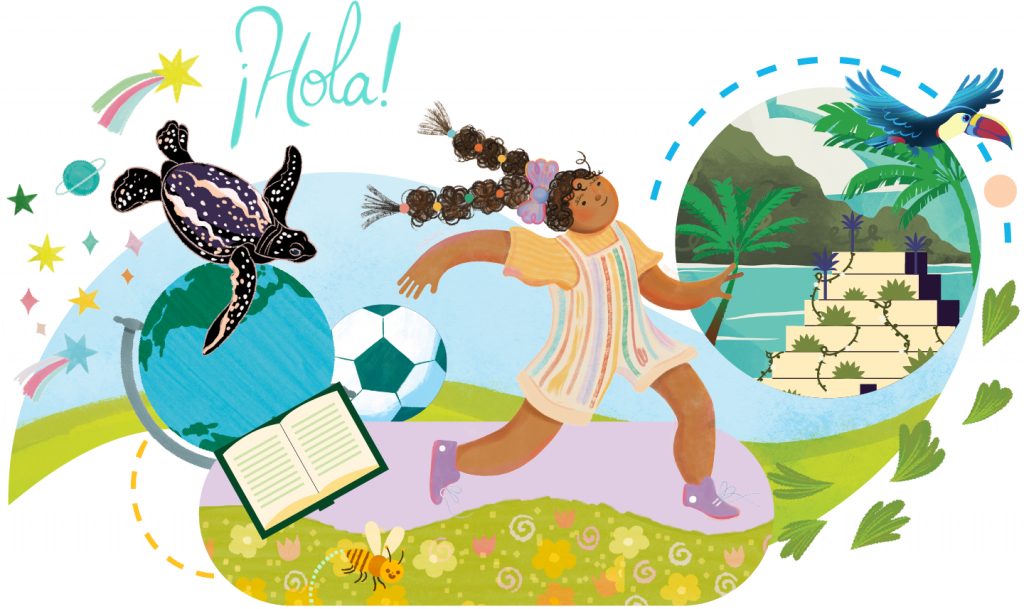 Ilustración de un niño alegre participando en el programa de lectura de CKLA, jugando fútbol junto a un libro abierto, con una tortuga, un loro y un exuberante paisaje tropical rodeándolos. La palabra "