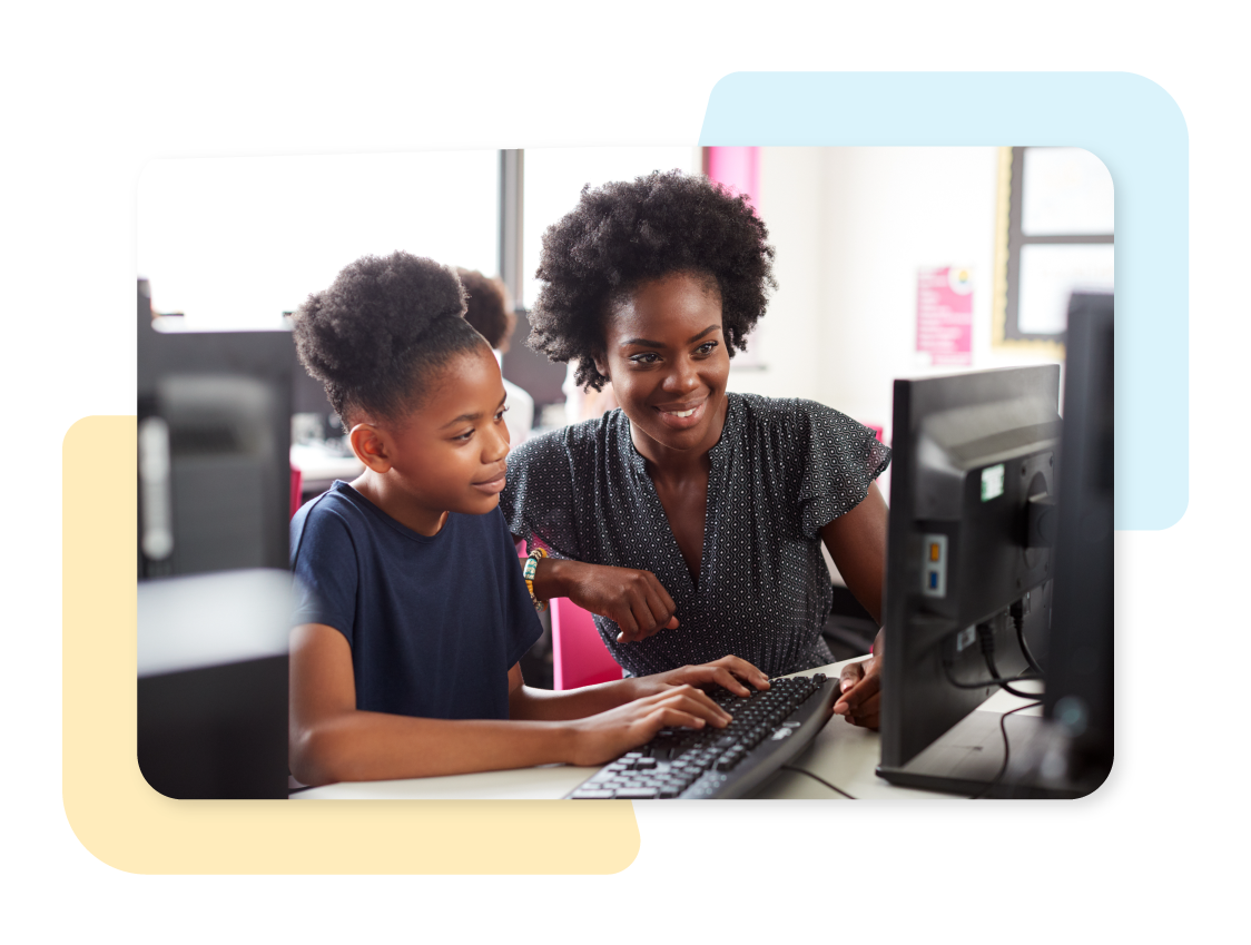 A woman helps a young girl work on a computer in a classroom setting. Both are smiling and focused on the screen. Background has soft shapes in yellow and blue.
