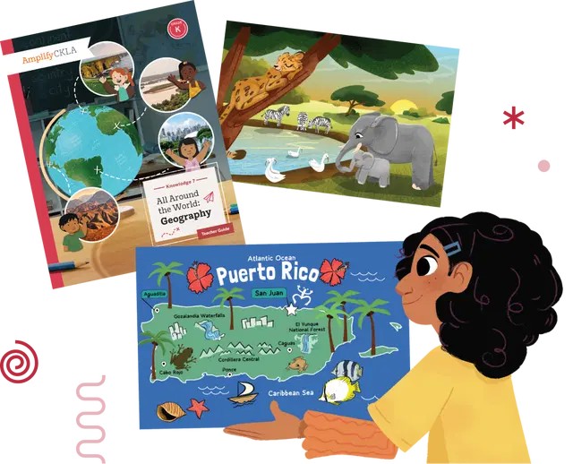 An illustrated person in a yellow shirt looks at a colorful map of Puerto Rico. Above them are two educational posters about world geography and animals, integrating elements from the k–5 literacy curriculum to enhance learning experiences.
