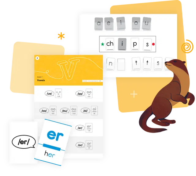 Image includes various vowel sounds and combinations on flashcards and worksheets, along with a playful illustrated mammal, all part of a comprehensive literacy curriculum for elementary students.