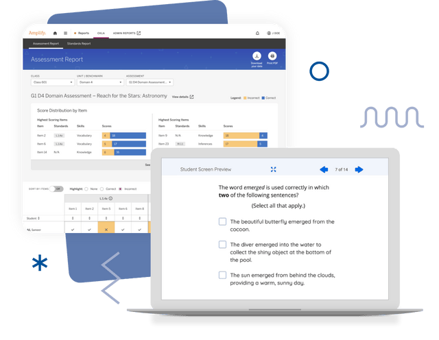 A laptop displays a student screen showing a quiz question about word usage, part of a literacy curriculum for elementary students. Behind it, a computer monitor shows an assessment report interface. Abstract decorative elements are in the background.