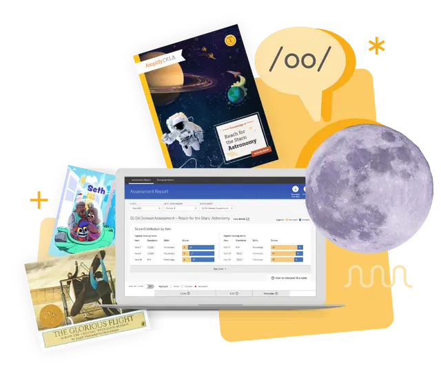 Image of a laptop displaying an assessment report, surrounded by books about astronomy, an illustration of the moon, and a 