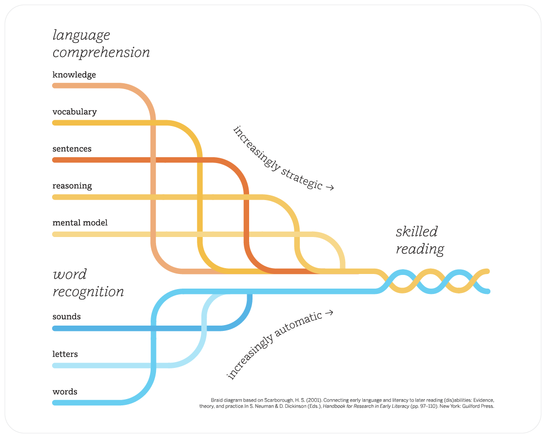 Diagrama que ilustra la progresión de las habilidades necesarias para la lectura hábil en el programa de lectura CKLA, desde la comprensión del lenguaje hasta el reconocimiento automático de palabras, mostrado como líneas de colores superpuestas.