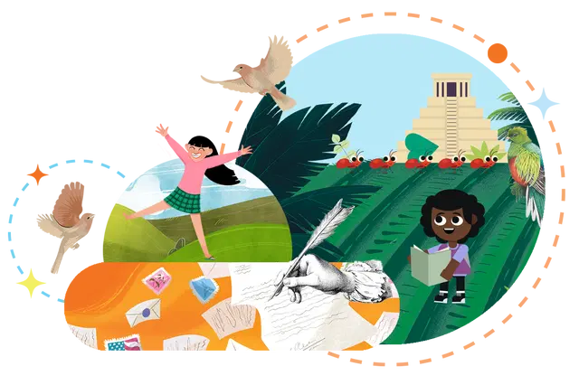 Illustration of diverse activities: a girl with arms outstretched among birds, an ancient temple, a child reading, and sketches and letters on a sandy layer.