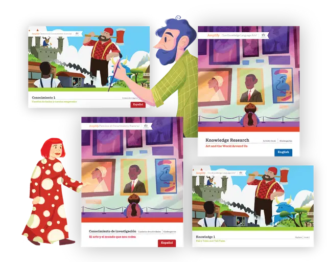 A collage of digital illustrations depicting various storytelling scenes, including a knight, a scientist, and a couple, each in vibrant colors.