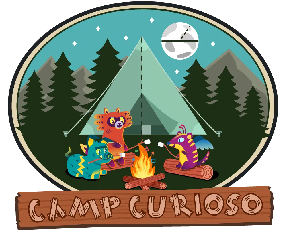 Illustration of two cartoon animals, a tiger and a raccoon, sitting around a campfire at night in a forest with a tent, under a logo reading "camp curioso.