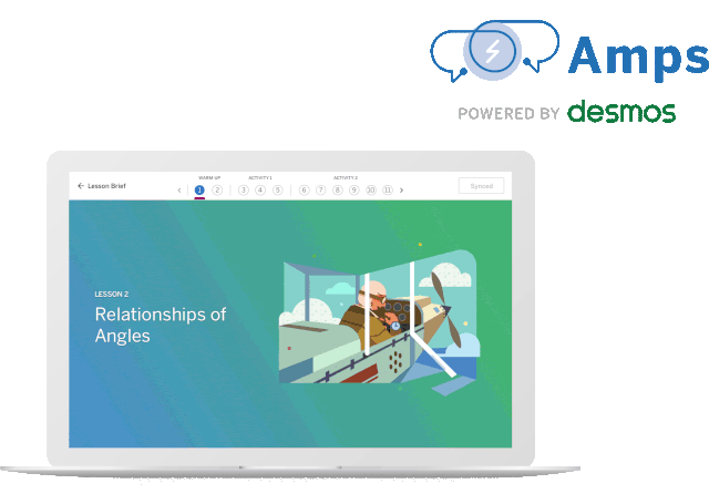 Laptop screen displaying an educational graphic about "relationships of angles" on the Mathematics Curriculum platform named Amplify Math by Desmos.