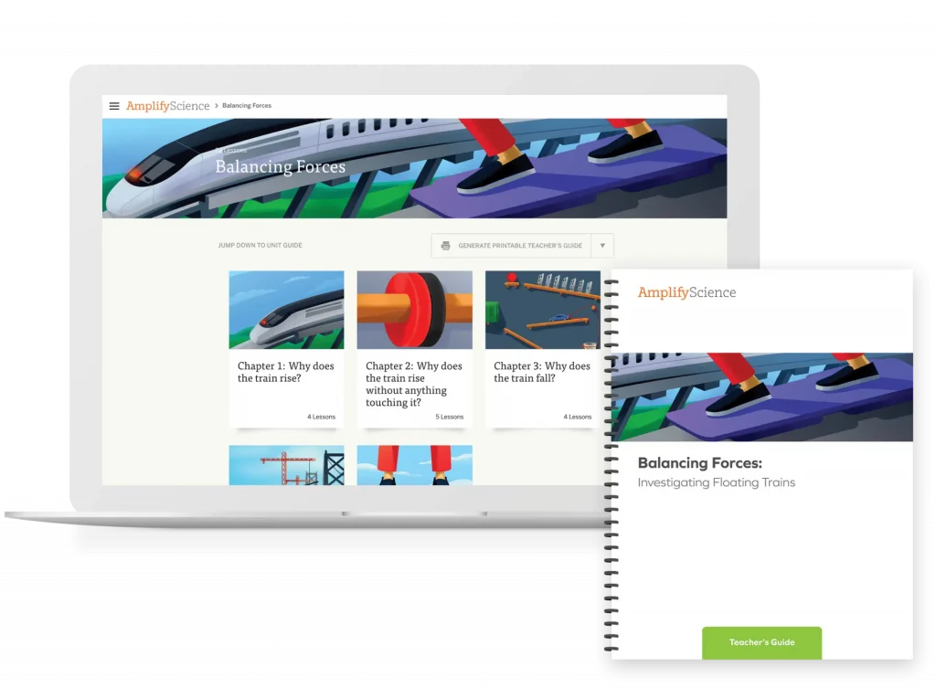Una computadora portátil muestra un programa científico titulado "Equilibrio de fuerzas" con capítulos de lecciones sobre trenes. Frente a la computadora portátil, hay una guía para maestros encuadernada en espiral con imágenes y títulos coincidentes.