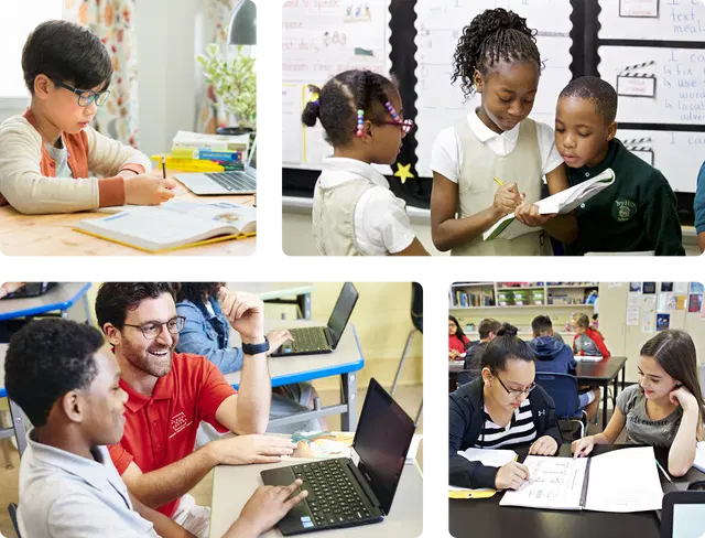 Collage of diverse classroom scenes, featuring students and teachers engaged in different educational activities such as reading, using laptops, and discussing.