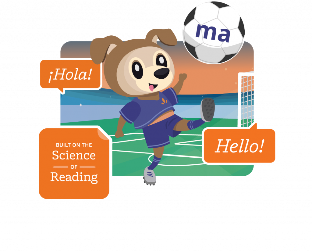 Ilustración de un cachorro jugando fútbol en un campo, con bocadillos que dicen "¡Hola!" ¡y hola!" y un balón de fútbol con la etiqueta "ma". El cuadro de texto dice "Construido sobre la ciencia de la lectura".