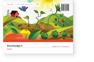 Illustration on a book cover showing various plants, a garden, and a red house, under a bright sun, titled "knowledge 4 - plants" for kindergarten level.