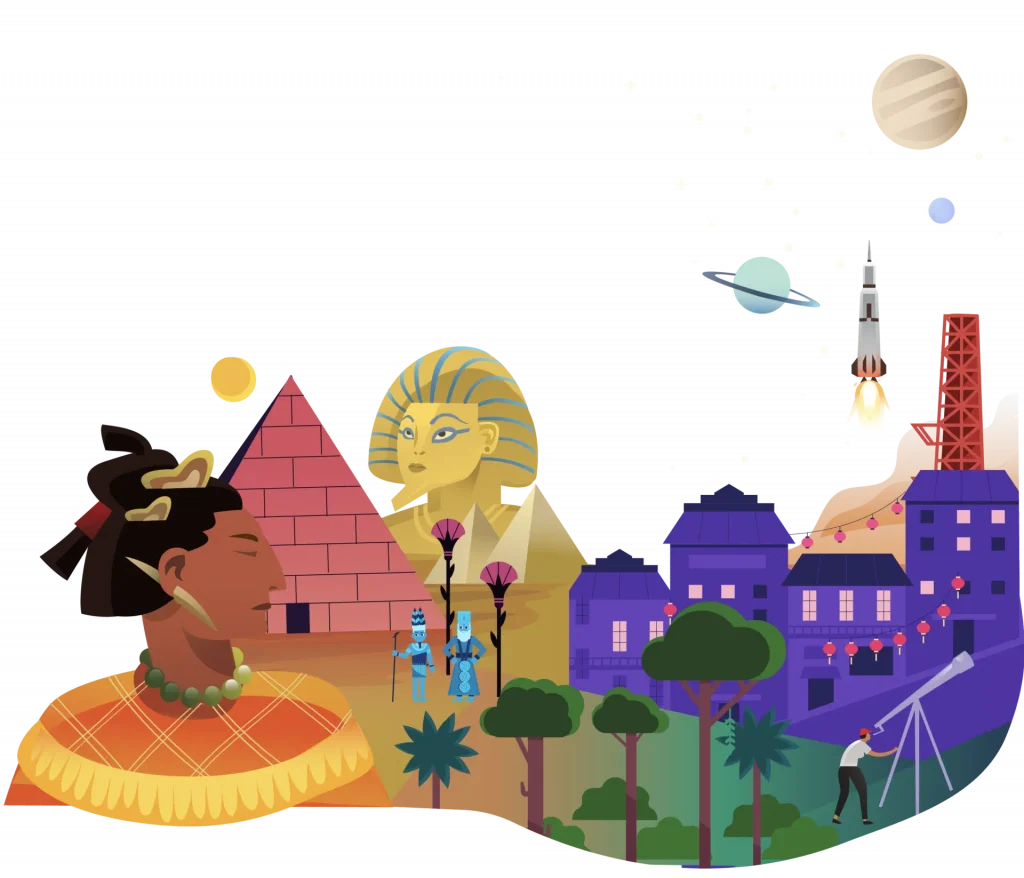 Illustration merging ancient and modern themes with an egyptian pyramid and sphinx, an african figure, european buildings under a starry sky with planets and a rocket.