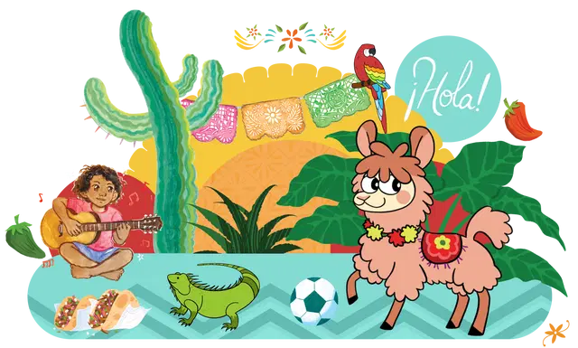 A colorful illustration featuring a child playing guitar, a llama, an iguana, a parrot, and various mexican cultural elements like a cactus and papel picado, with the word "hola!" displayed.