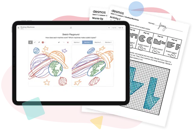Tablet displaying a colorful sketch of a beach with waves and shells, next to illustrative mathematics worksheets and a pen, on an educational website.