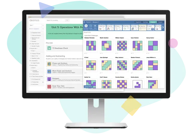 Computer screen displaying a colorful educational program for teaching operations with polynomials, featuring various interactive modules and Illustrative Mathematics exercises.