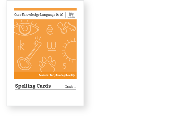 A grade 1 spelling cards booklet titled "core knowledge language arts" from the center for early reading-amplify, featuring educational symbols like a pencil and sun on a orange cover.