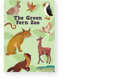 Illustration of various animals, including a puffin, deer, fox, otter, and others, on a green background with the title "the green fern zoo.