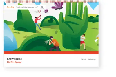 Illustration of children exploring giant sensory organs in a vibrant landscape, representing the five senses in a playful educational setting.