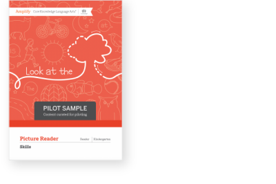 Book cover titled "look at the", marked as a "pilot sample" with educational doodles on a red background, labeled "picture reader" for "kindergarten" skills.