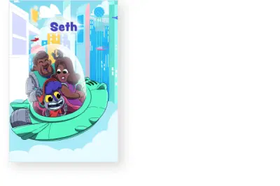 Illustration of three people enjoying a ride in a green roller coaster car, with a vibrant cityscape and "seth" banner in the background.