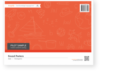 Educational poster titled "sound posters" for kindergarten, featuring various illustrations like a boat, globe, and animals on a red background with a qr code on the bottom right.