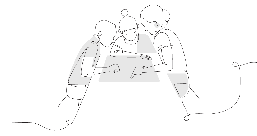 Line drawing of three people sitting at a table, each using a digital device.