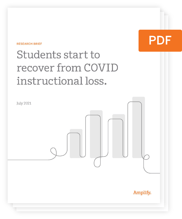 Cover page of a research brief titled "Students start to recover from COVID instructional loss," dated July 2021, featuring bar graph artwork, a PDF label, and highlighting gold standard assessment with mCLASS.
