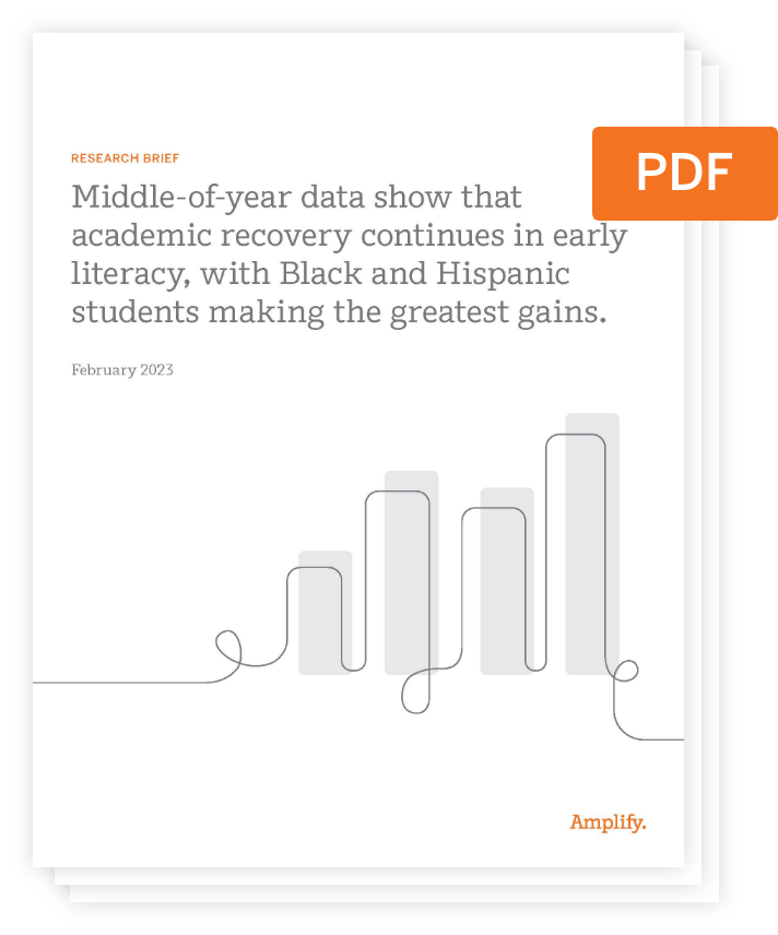 Cover page of a research brief titled "Middle-of-year data show that academic recovery continues in early literacy," featuring a simple bar graph, an orange PDF label, and highlighting mCLASS gold standard assessment.
