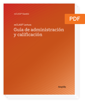 Cover of a PDF document titled "Guía de administración y calificación" for mCLASS, the gold standard assessment by Amplify, featuring an orange background.
