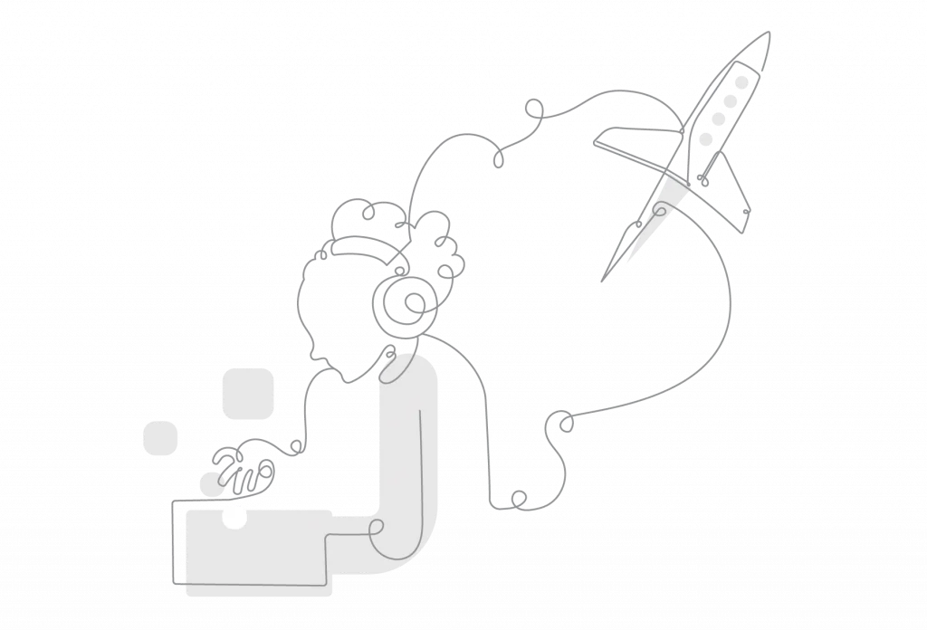 A person with headphones works on a laptop; a line from their head transforms into a rocket, symbolizing imagination, innovation, and the foundational skills essential for multilingual learners.