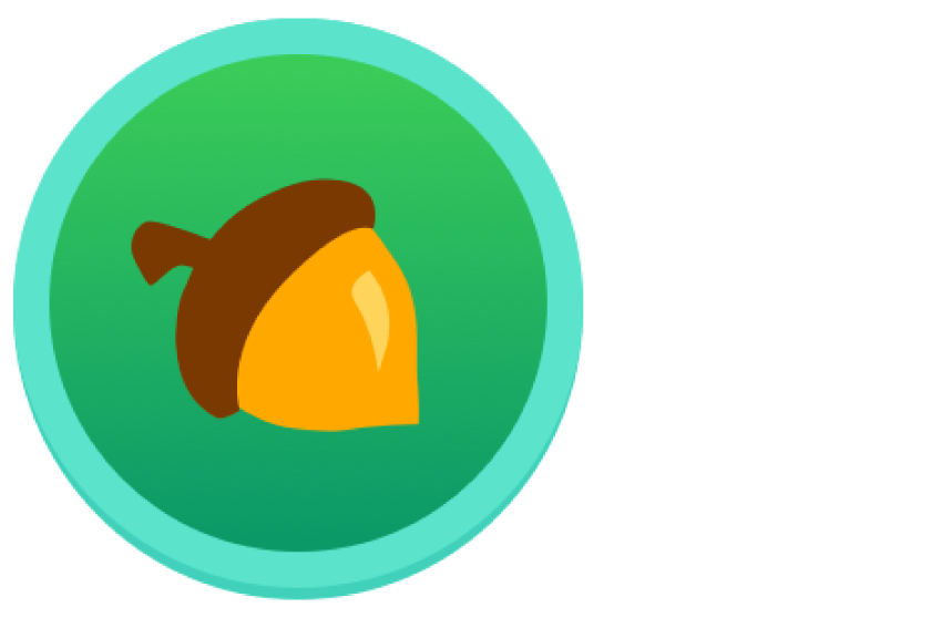 Un ícono circular verde con un borde azul claro que presenta una bellota marrón y amarilla en el centro.