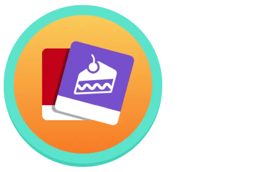 Ilustración de dos tarjetas cuadradas redondeadas superpuestas, una con un trozo de tarta sobre fondo morado y otra con fondo rojo, rodeada por un anillo de color turquesa.