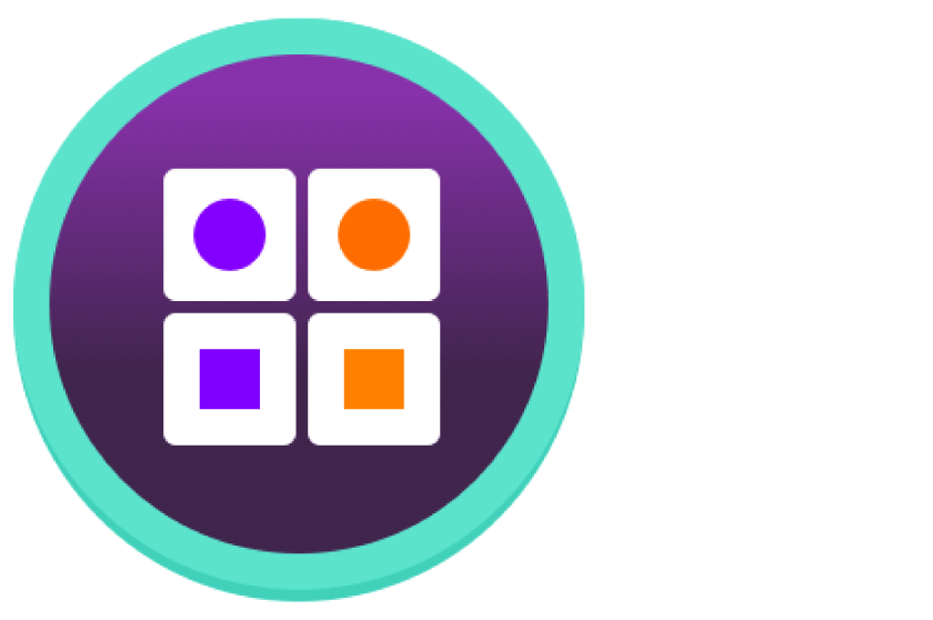 Un logotipo redondo con un borde verde azulado, con un fondo morado y cuatro cuadrados blancos en una cuadrícula de 2x2. Cada cuadrado contiene un círculo o un cuadrado de color violeta o naranja.