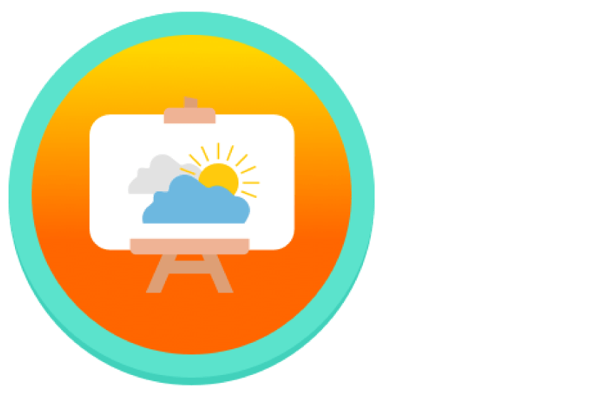 Un ícono circular con un borde turquesa y un fondo degradado naranja presenta un caballete de pintura que muestra una imagen de un sol detrás de las nubes.