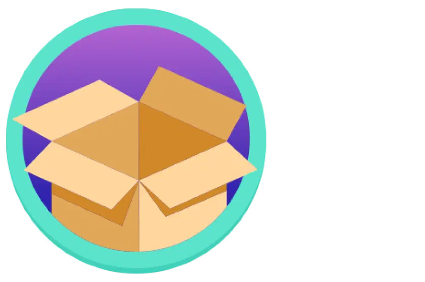 Una ilustración de una caja de cartón abierta dentro de un borde circular. El fondo dentro del círculo es morado y el borde es verde azulado.