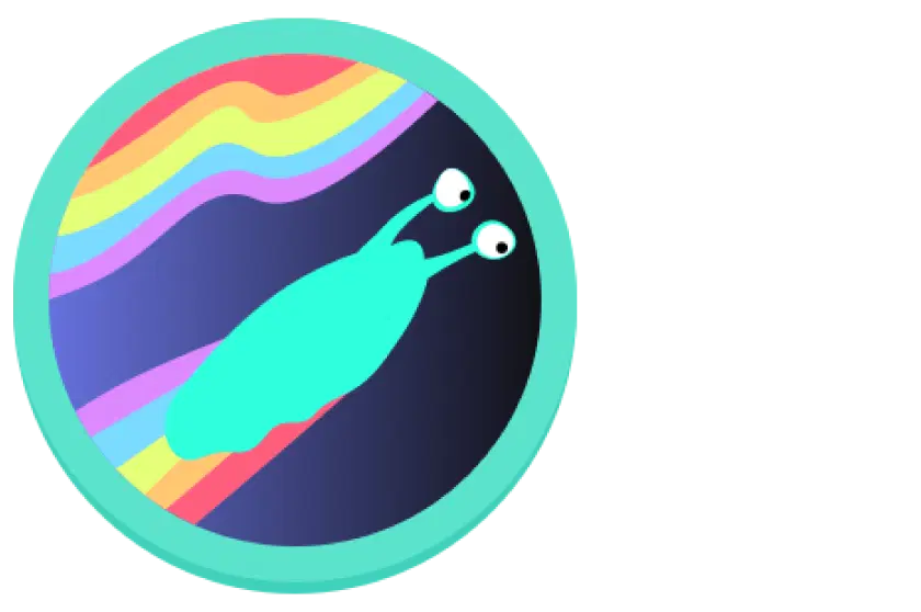 Un caracol azul con ojos saltones sobre un fondo circular con rayas de arcoíris y un borde verde azulado.