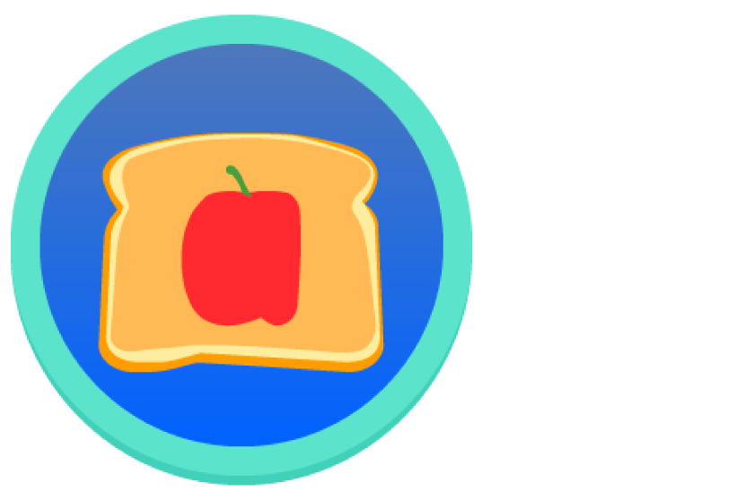 Un círculo azul con un borde turquesa que contiene una ilustración de una rebanada de pan con un pimiento rojo.