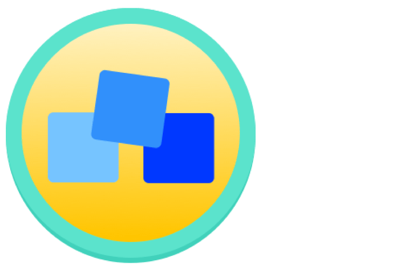 Un ícono circular con un fondo degradado amarillo, que presenta tres cuadrados azules superpuestos en diferentes tonos, bordeados por un anillo verde azulado.