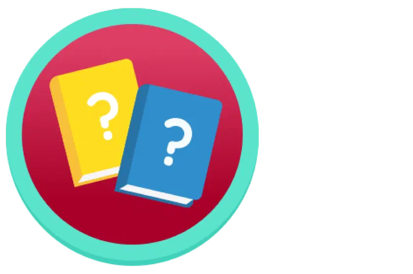 Dos libros con signos de interrogación en las portadas, uno amarillo y otro azul, sobre un fondo circular rojo con un borde verde azulado.
