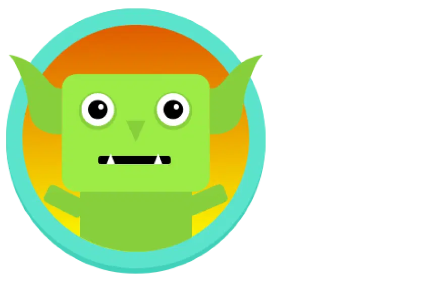 Un monstruo verde de dibujos animados con ojos grandes, orejas puntiagudas y dos dientes visibles se encuentra sobre un fondo redondo, degradado de color naranja y amarillo con un borde azul.